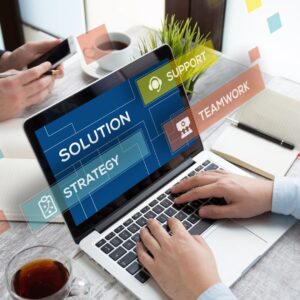 Laptop screen that shows "solutions".