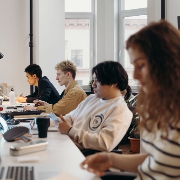 people working in an office building